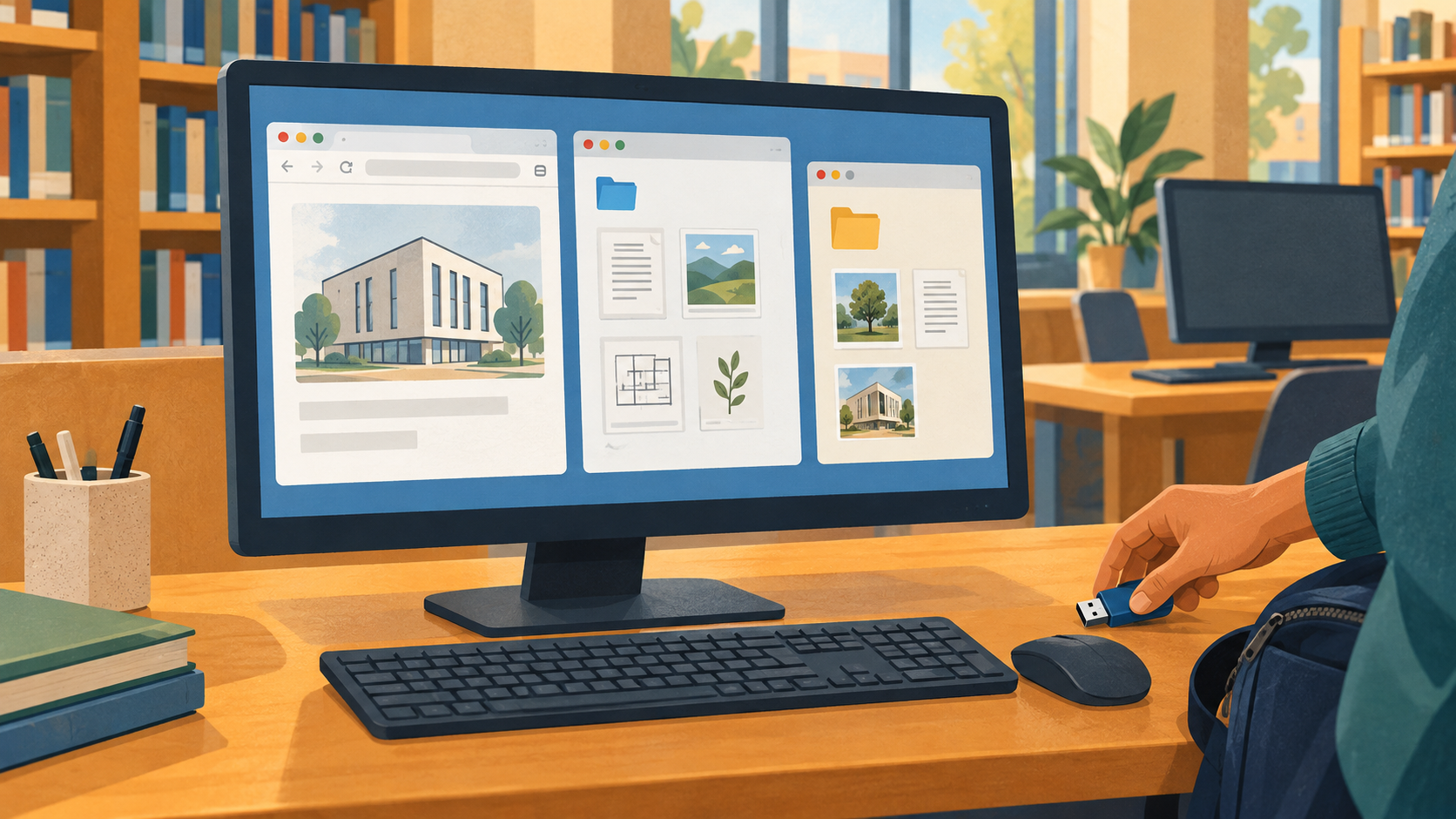 A shared library computer showing a browser and separate file folders while a person picks up a removable drive.